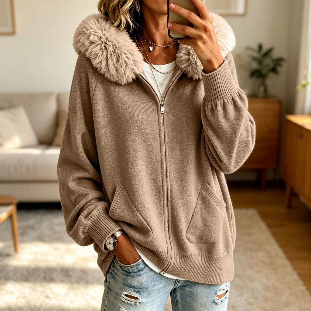 Women's Color Knit Hooded Jacket with Faux Collar and Zipper Pockets Casual Winter Coat