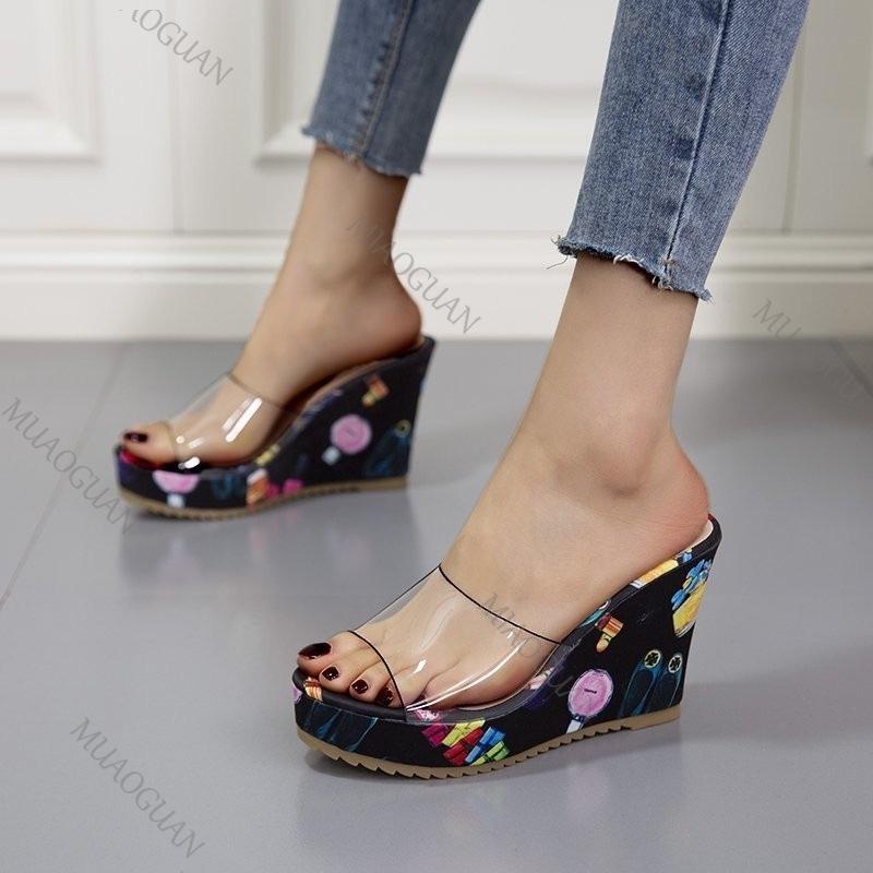 Fashion Printing Wedges High Heels Slippers for Women Gladiator Sexy PVC Transparent Peep Toe Ladies Slides Summer Retro Platform Sandal