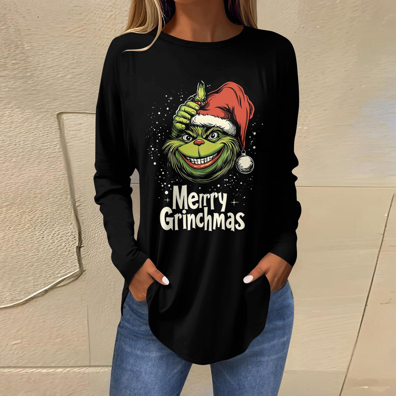 

Женская свободная футболка с длинным рукавом с круглым вырезом и принтом, верхний пуловер M