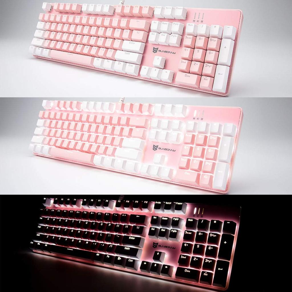 Merdia Mechanical Gaming Full 104 US USB Wired Keyboard with LED Backlight Switches White and Keyboard, Keyboard, Layout, (Blue - Pink)