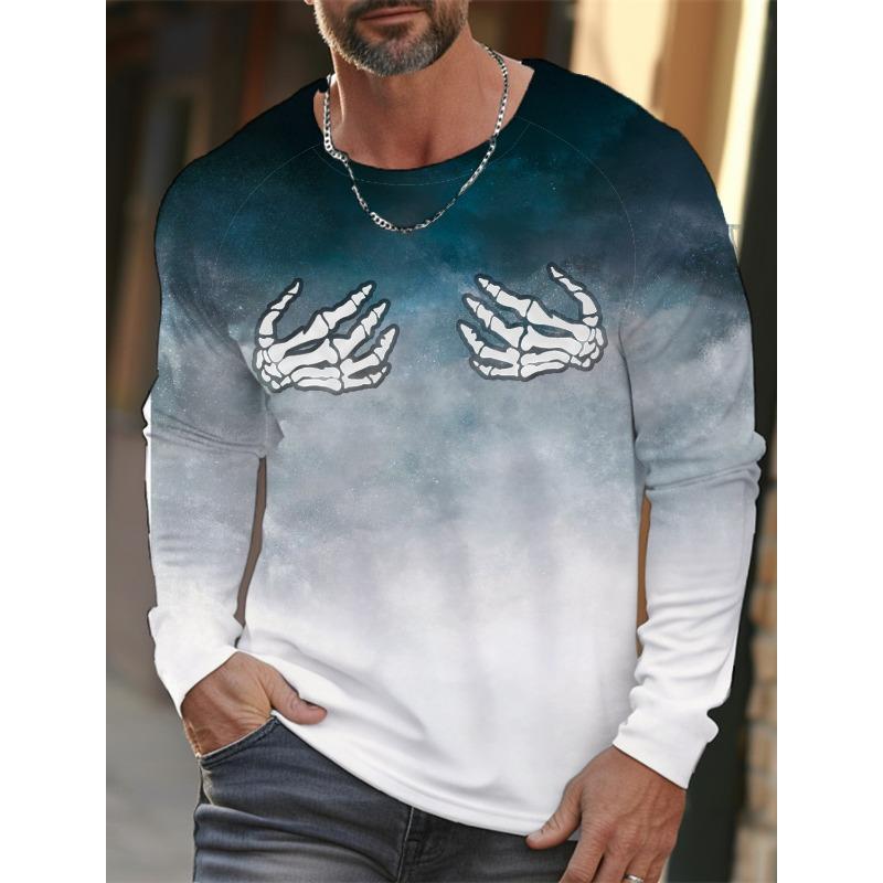 Skull Hand Printed Pullover Autumn and Winter Men's Casual Long Sleeve Round Neck Sweatshirt Gradient Color Men's Clothing