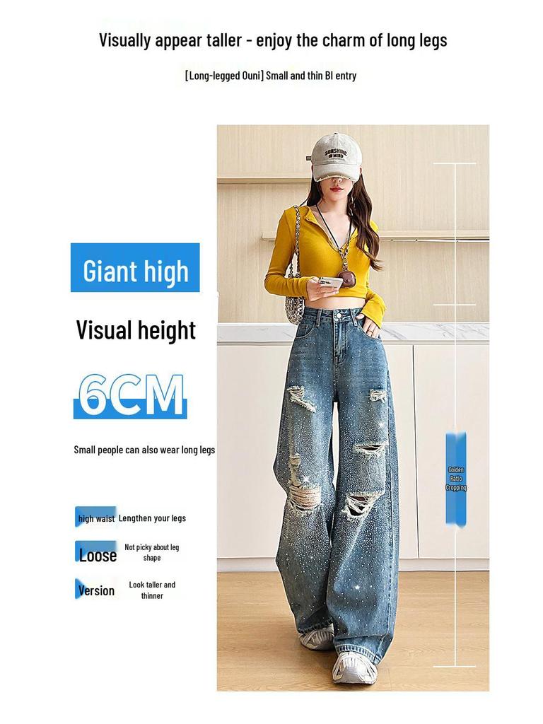 Starry Sky Rhinestone Ripped Floor-Length Jeans for Women