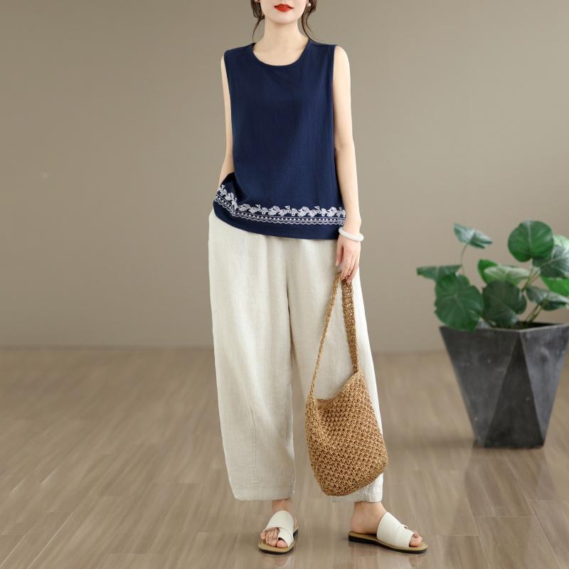 oversized cotton vintage embroidery Casual loose tank tops for Women summer vest t-shirt