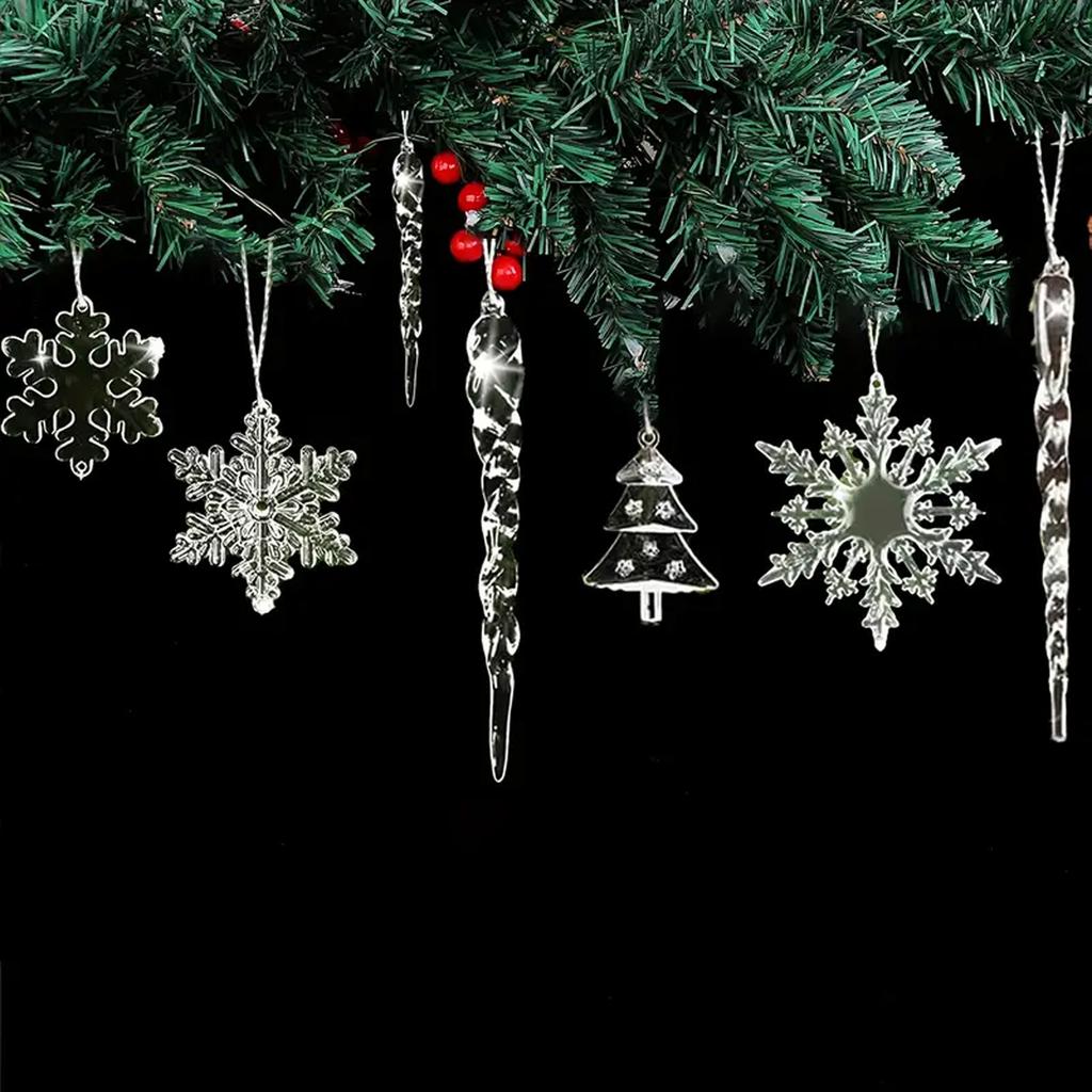 24 Pcs Festive Christmas Acrylic Snowflake Ice Column Decorative Hanging Ornaments for Home Party Decoration