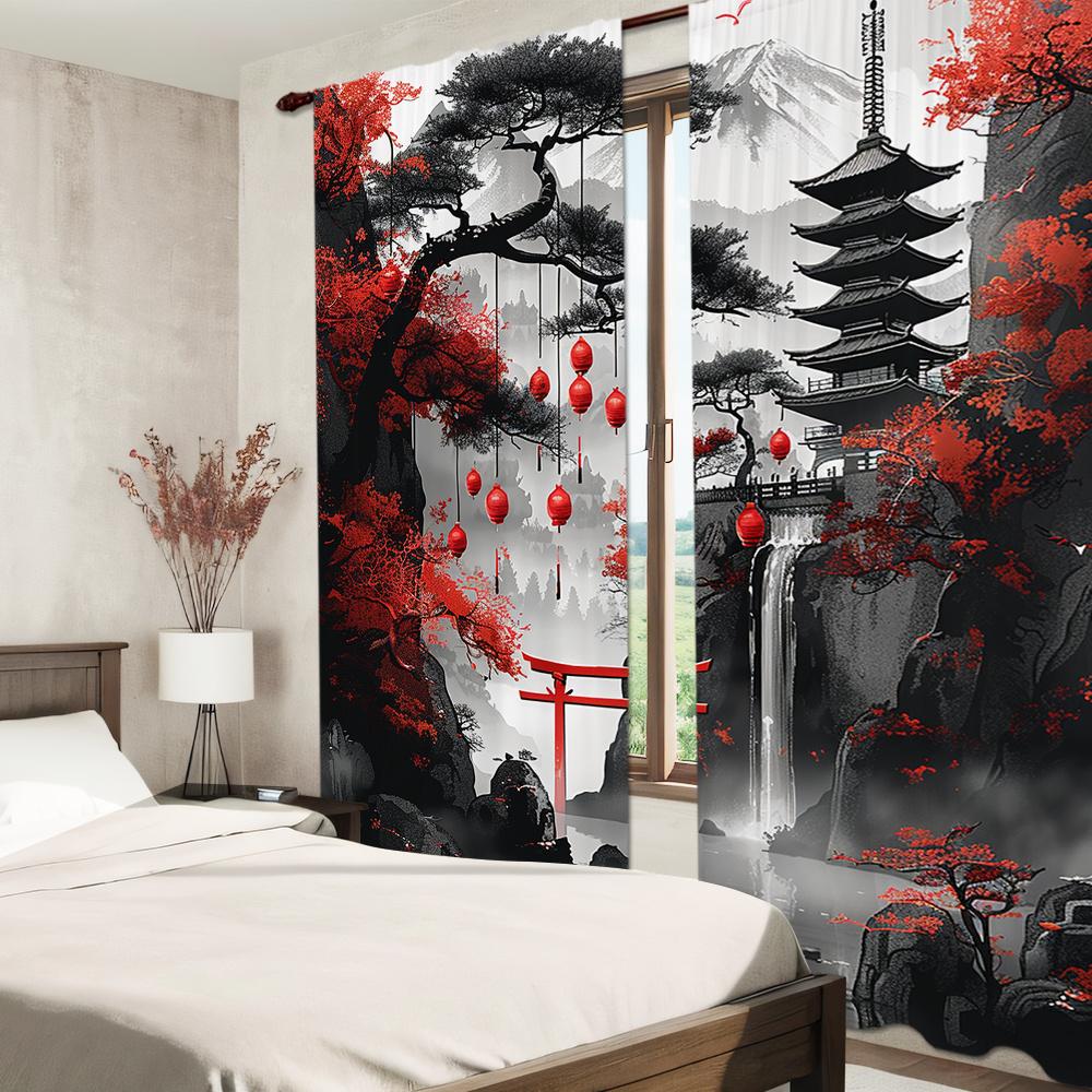 2pcs Semi-Blackout Curtain Japanese Landscape & Torii Gate Design Polyester Woven Contemporary Style Machine Washable Rod Pocket