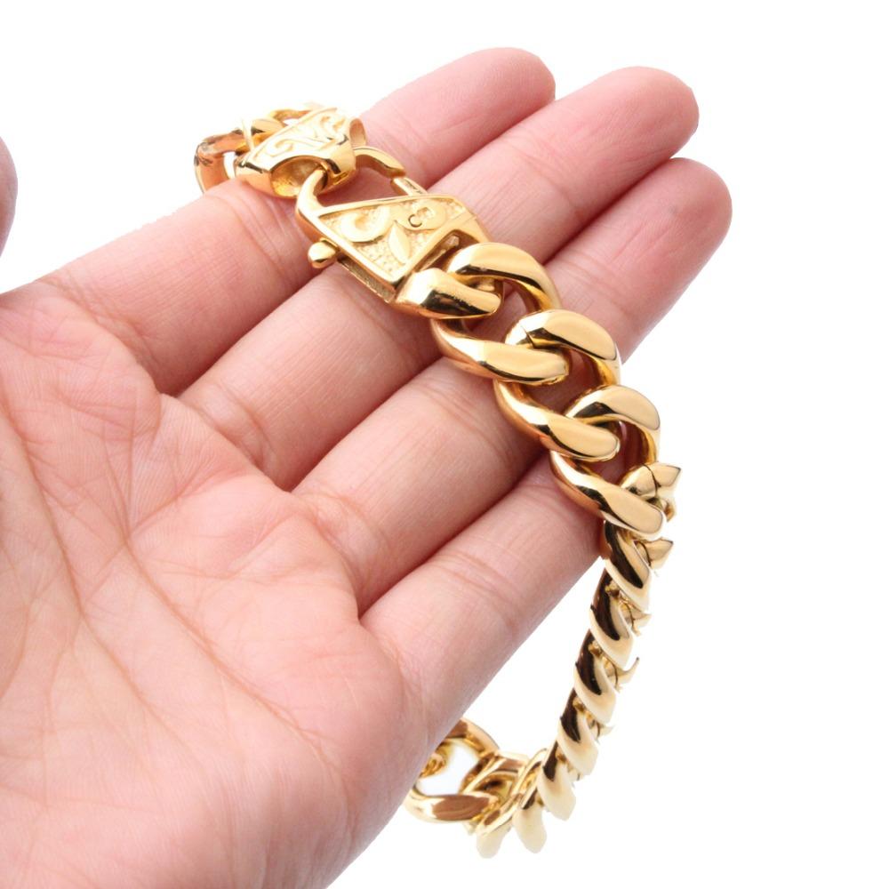 Fashion Style Mens Gold Bracelet Stainless Steel Bracelet  Curved Curb Link Chain Wholesale Jewelry 15mm
