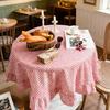 Tablecloth Farmhouse Style Plaid Pattern Ruffled Edge Tablecloth Round Shape Soft Cotton Linen Fabric Cloth Table Cover