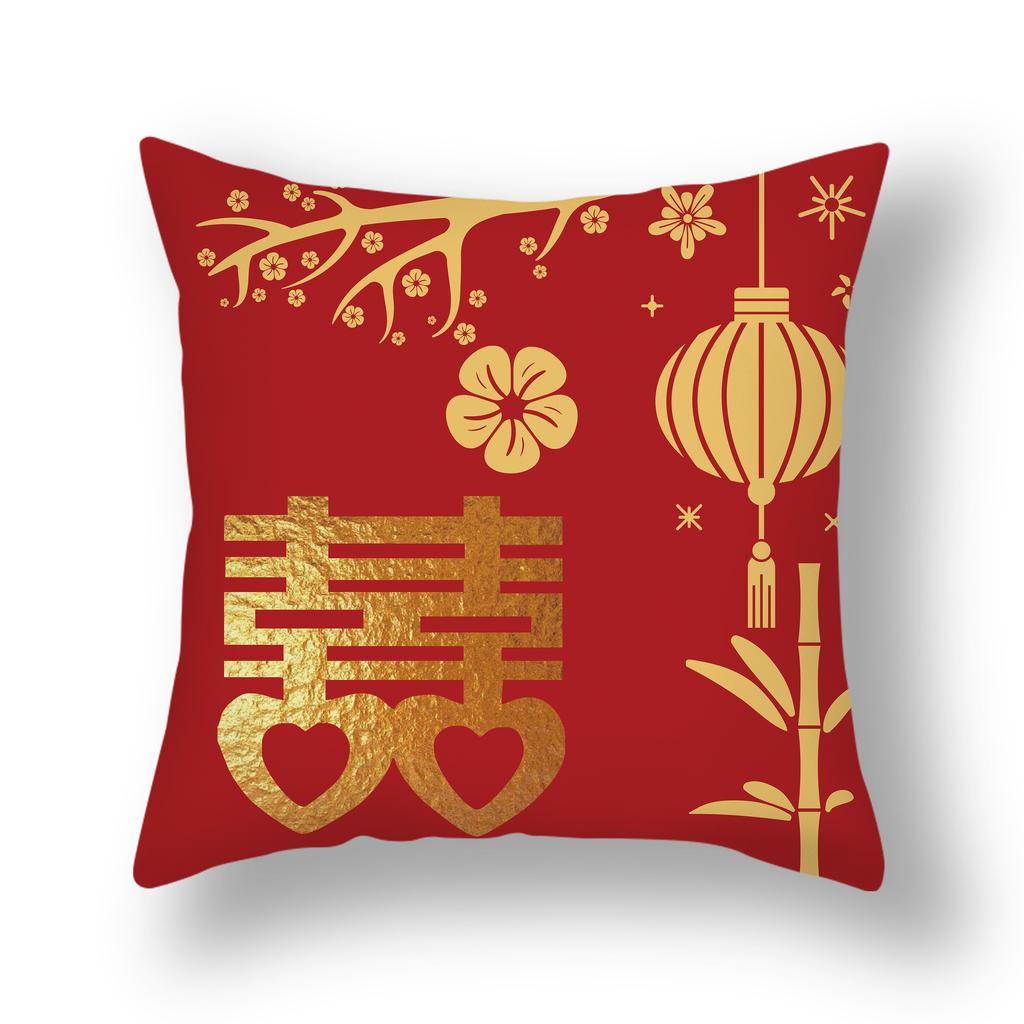 New Chinese Style Happy Character Pillow, Wedding Red Pillow, Pair of Wedding Bedside Pillows, Short Plush Sofa Pillows