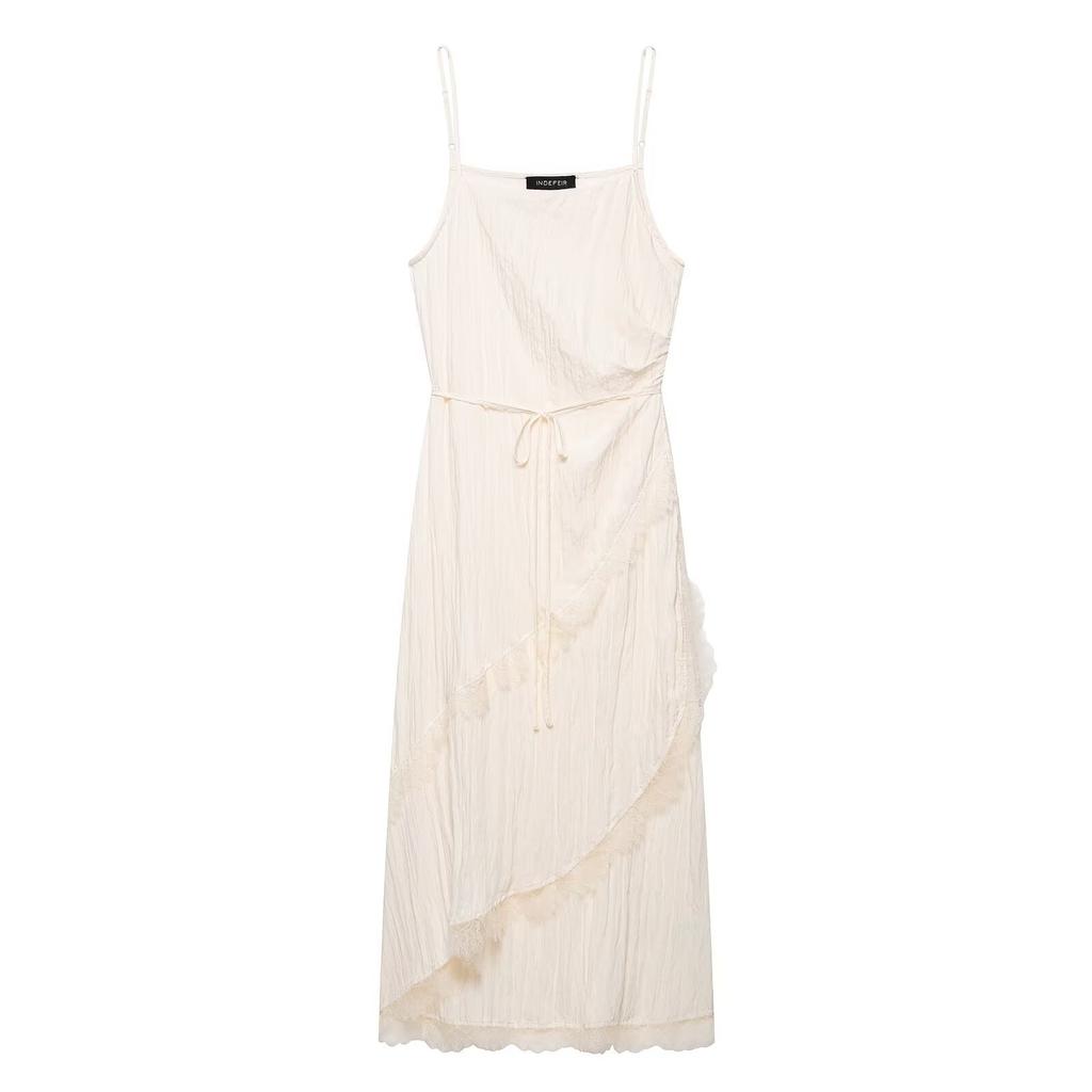 Summer New Fashion Temperament Lace Pleated Effect Midi Vacation Dress