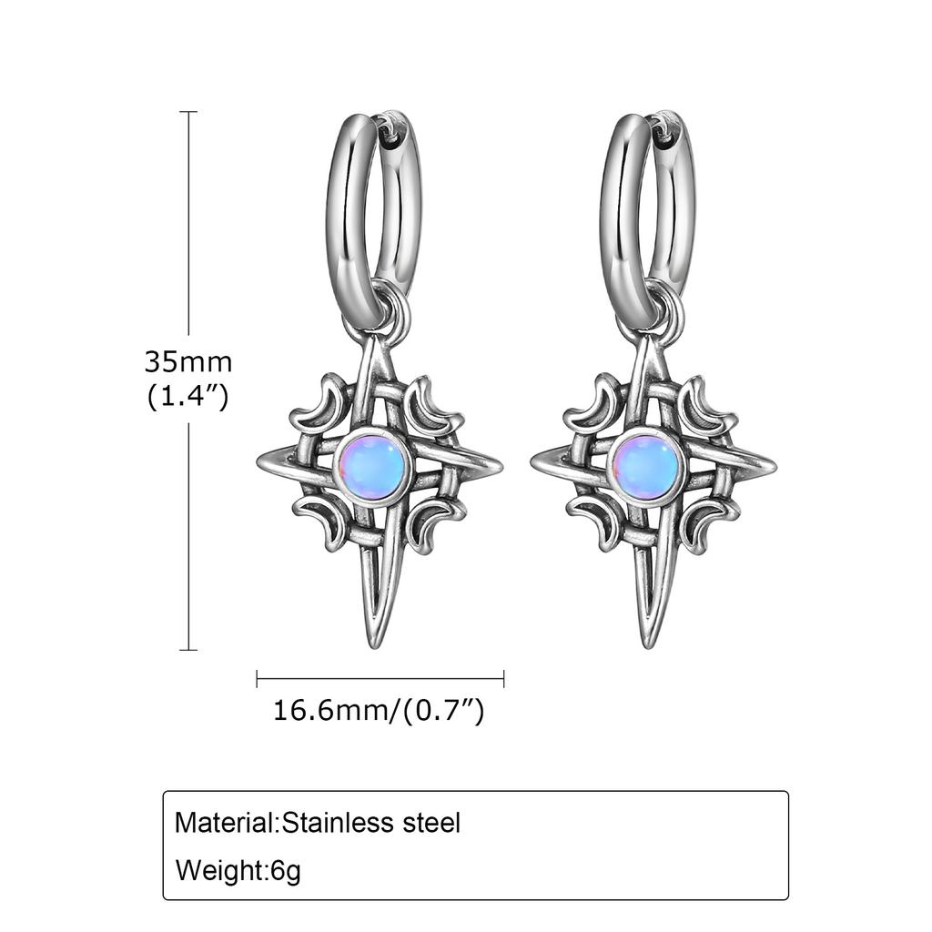Moonstone Stainless Steel Hoop Earrings for Men Boys,Waterproof Stainless Steel Star Ear Drop,New Fashion Hiphop Zircon Gifts