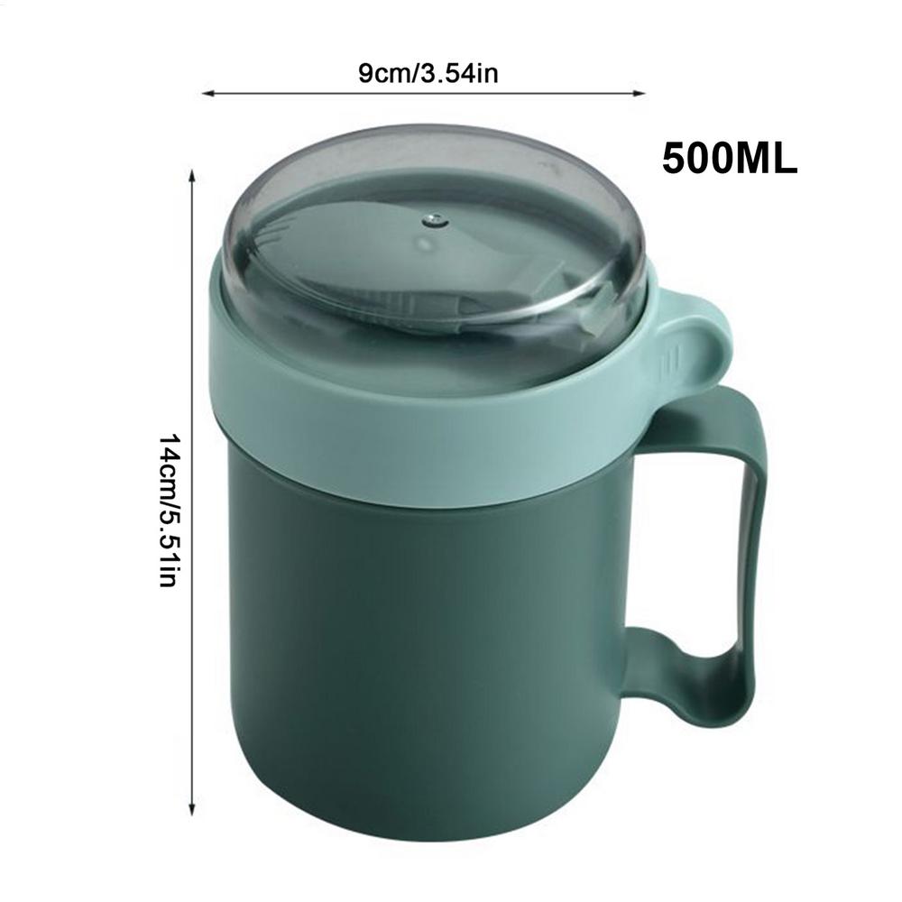 

500ml Breakfast Cup Wide Mouth Cereal & Soup Bowl with Lid & Foldable Spoon for Office, School, Travel, Gym, Outdoor зелений