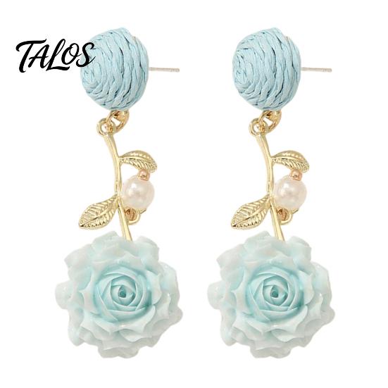 Bohemian Style Earrings 1 Pair Boho Raffia Ball Flower Earrings, Handmade Leaf Romantic Branch Drop Dangle Wedding Bridal Party Jewelry for