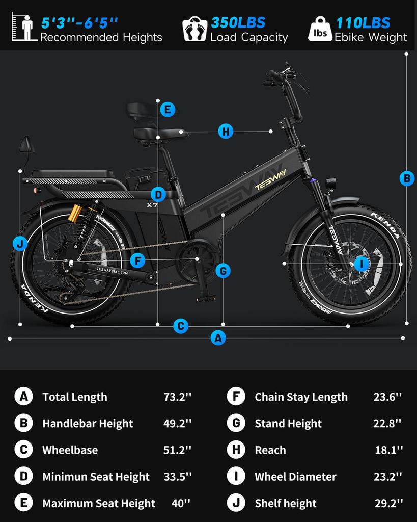 Tesway X7 Pro Electric Bike, Peak 2000W Motor, 52V 60Ah Battery, Range 300km, 20*4.0'' Tires, 7 Speed, Color Display