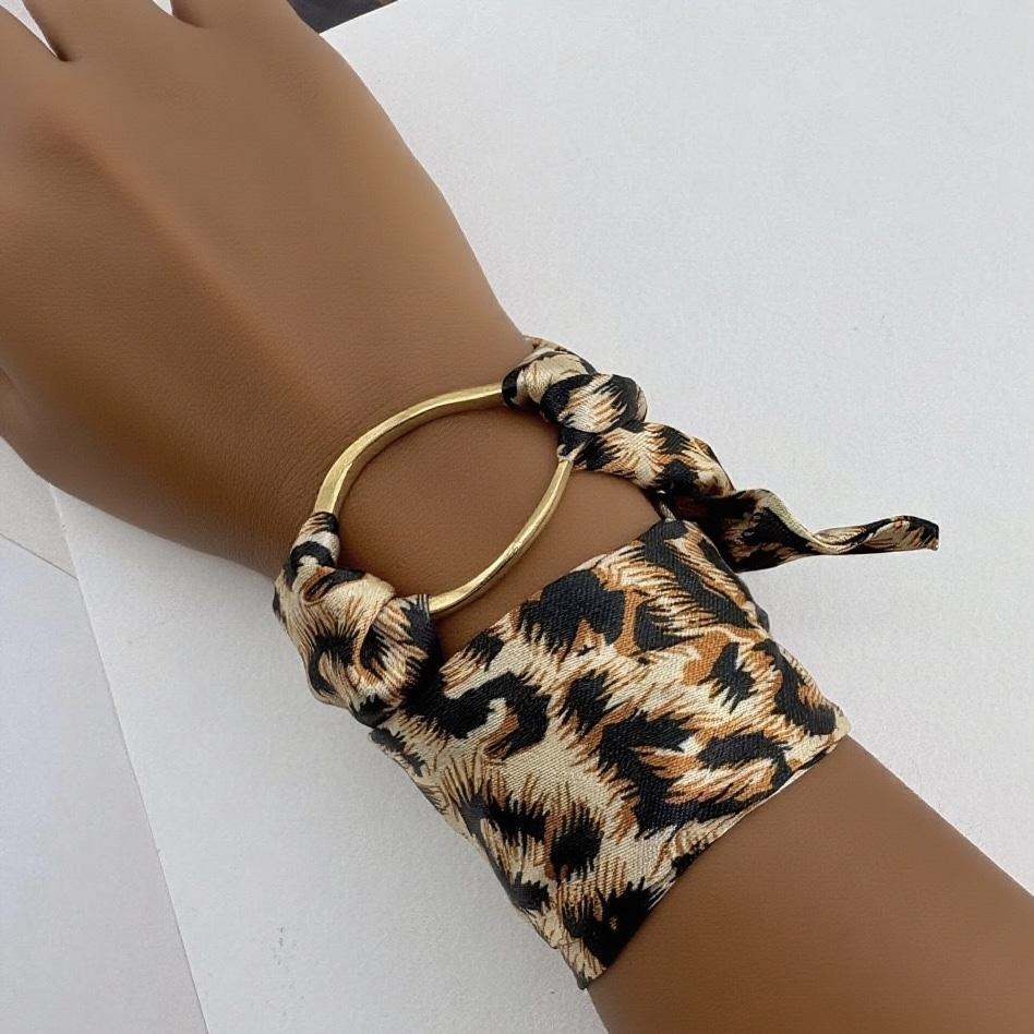 New Trendy Boho Women Leopard Print Silk Scarf Bracelet Stainless Steel Ring Charm Wrap Wristband Jewelry Irregular Metal
