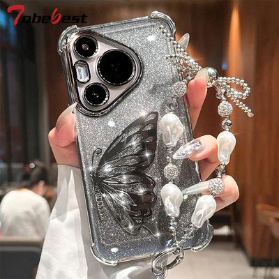 Laser Butterfly Shockproof Plating Glitter Bracelet Case For Huawei Pura 80 70 Ultra P60 P50 P40 P30 Lite Pro Plus Phone Cover