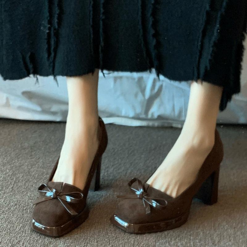 Fashion Spring New Coarse Heel Single Shoes Women Fashion Square Head Shallow Mouth Suede Butterfly Knot Waterproof Platform High Heels