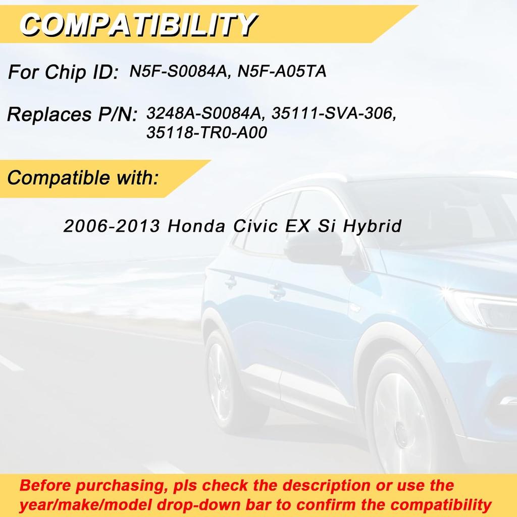 Key Fob Replacement for 2006-2013 Honda Civic EX Si Hybrid Car Keyless Entry Remote Control, N5F-S0084A N5F-A05TAA, 4 Buttons, 2Pcs