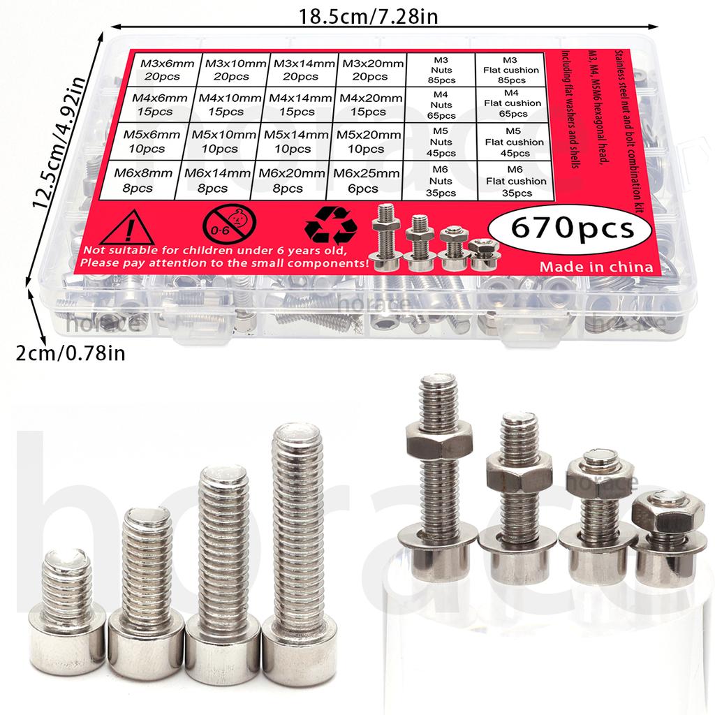 670 PCS Stainless Steel Hexagon Nut and Bolt Combo Set - M3, M4, M5, M6 Hex Heads - Includes Flat Washer Wrench