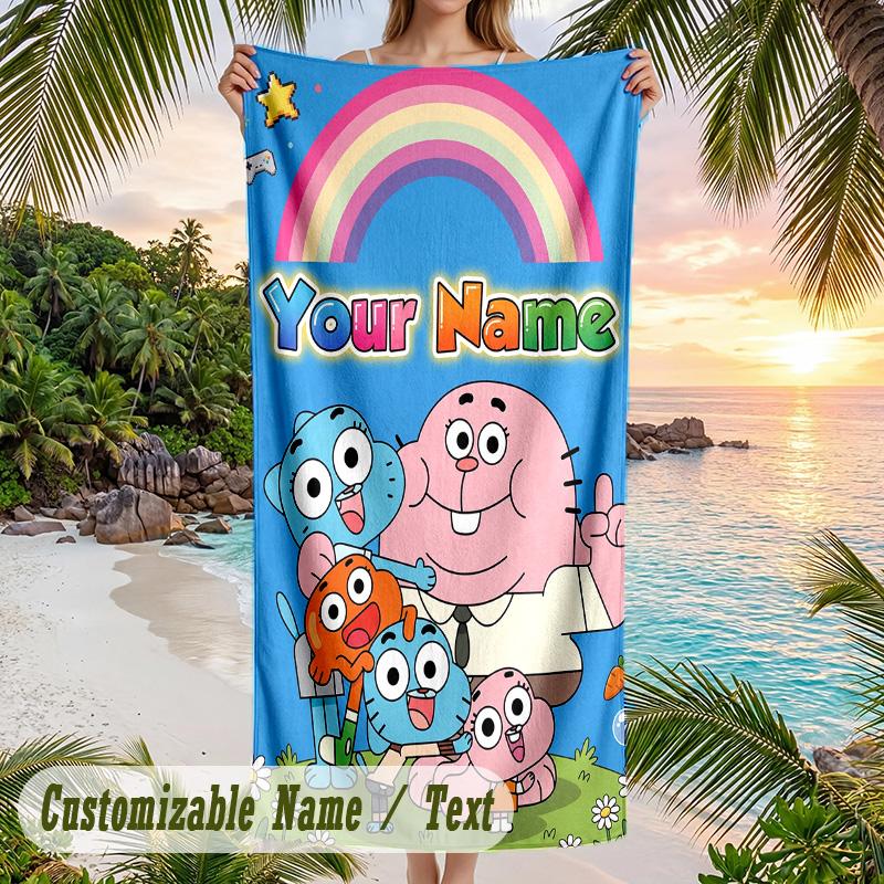 Amazing World of Gumball Beach Towel, Personalized Custom Text, Quick Dry Soft Large Towel For Swimming Pool Travel