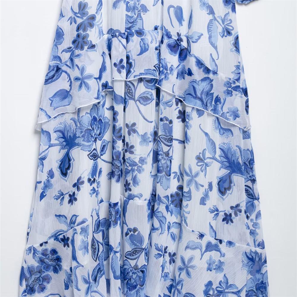 Spring/Summer 2025 Women's Slim Fit V-Neck Belted Print Midi Dress