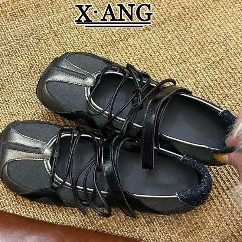 Sheepskin version~ Functional wind sports square head ballet shoes women's versatile cross belt Velcro shallow mouth Mary Jane single shoes