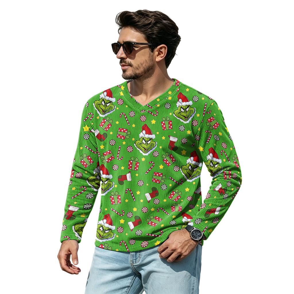Men's Casual Street Loose Fit V-Neck Christmas Print Shirt