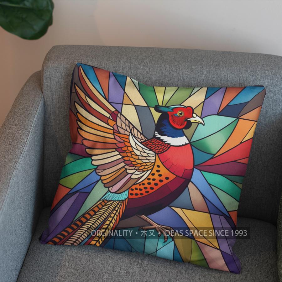 2D Colorful Stained Glass Pheasant Pattern Pillow Cover Pattern Cushion Cover Suitable For Sofa Bedroom Car Pillow Cover