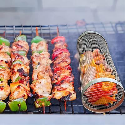 Zylinderförmiger Grillkorb aus Edelstahl, Rollgrillkorb aus Drahtgeflecht, Outdoor-Camping-Grillrost für Gemüse- und Obstgrill
