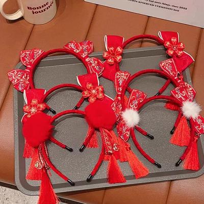 Tassel Hanfu Hair Bun Hair Hoop Plush Ball Red Hairband Sweet Chinese New Year Headwear  Children