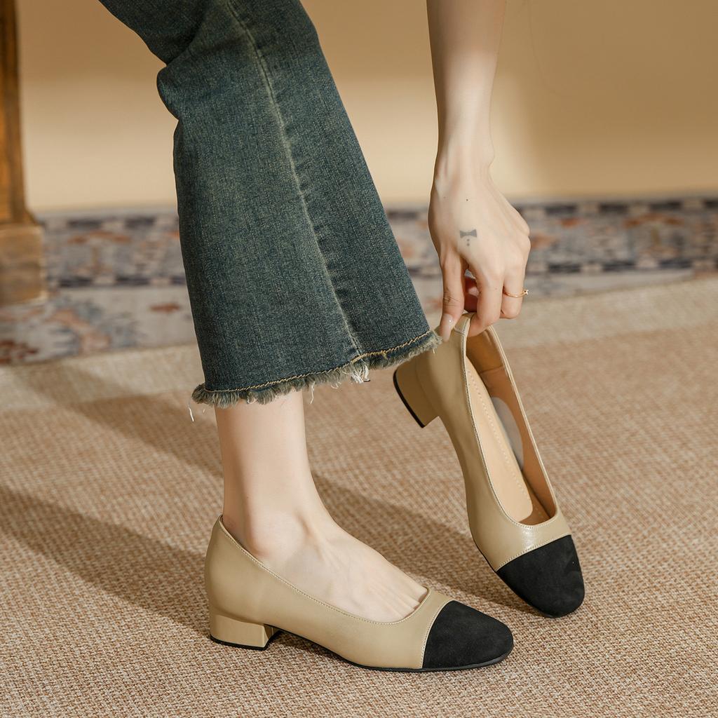 Leder quadratischer Kopf Farbabstimmung kleiner Duftstil niedriger mittlerer Absatz Blockabsatz Einzelne Schuhe Damen Koreanische Version Frühling und Herbst neu Frenc