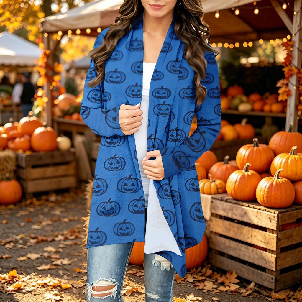 Women's Long Sleeve Cardigan with Halloween Print for Casual Everyday Wear
