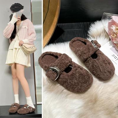 Fashion Versatile Bag Head Fluffy Shoes Women Wear Lazy Women Flat-bottomed Cotton Drag Sheepskin Fur Integrated Half Slippers Velvet Winter