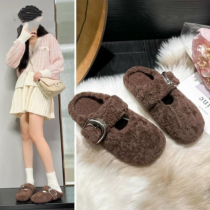 Fashion versatile bag head fluffy shoes women wear lazy women flat-bottomed cotton drag sheepskin fur integrated half slippers velvet winter