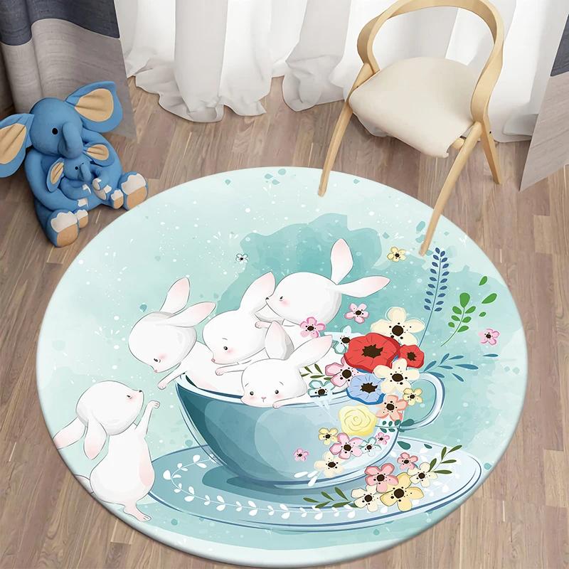 Cartoon Rabbit Girl Animal Flowers Round Carpet Cute Bunny Mouse Circle Rug Home Bedroom Living Room Floor Mat Chair Pad Doormat
