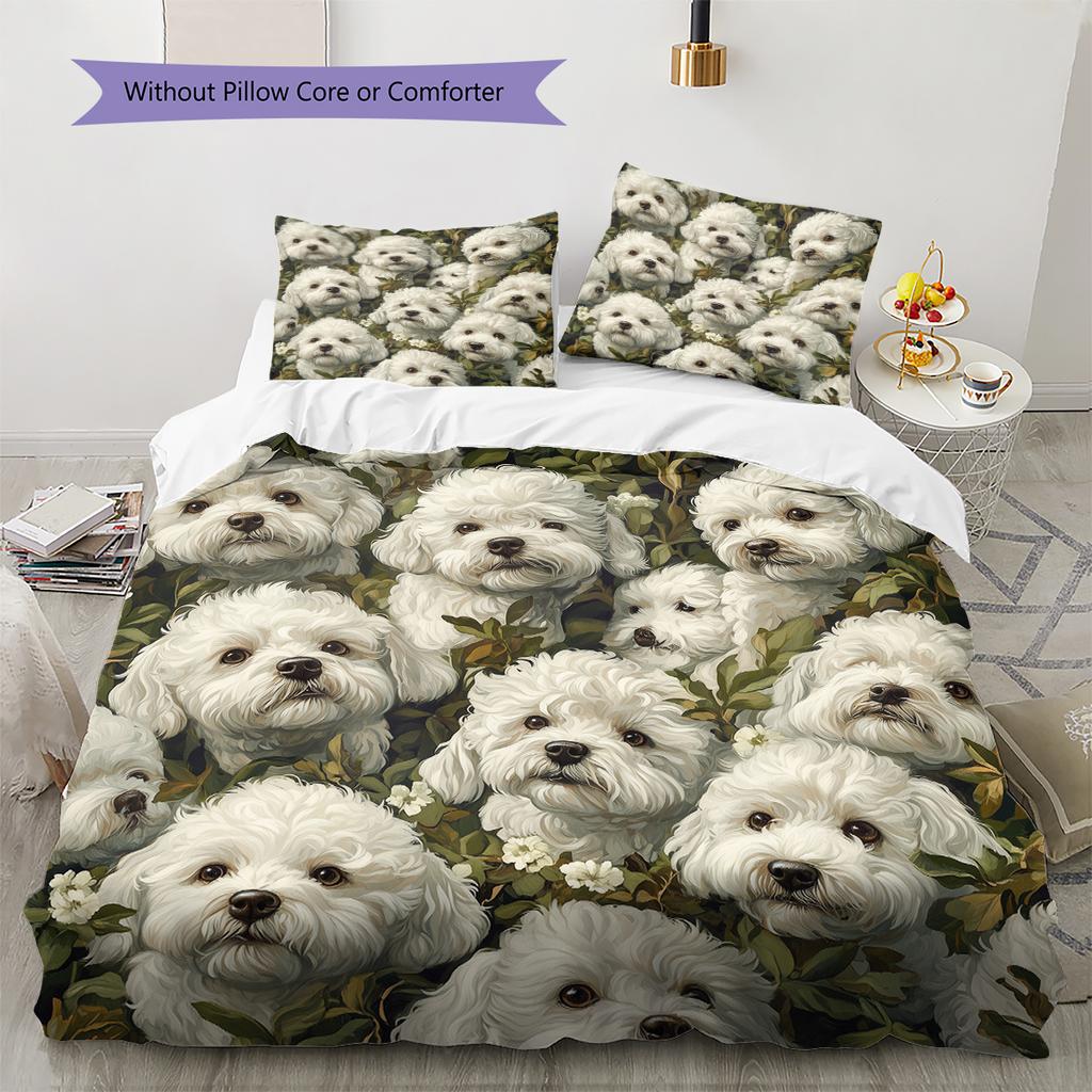 Bettwäsche mit Blätter- und Bichon-Muster, Heimdekoration, Geburtstagsgeschenk (1 Bettbezug + 2 Kissenbezüge, ohne Füllung)