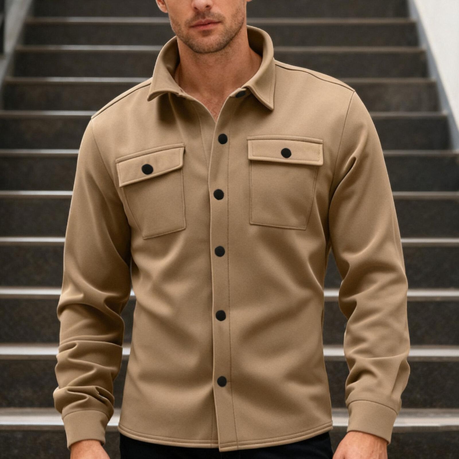 

Мужская повседневная свободная куртка-рубашка однотонного цвета, с лацканами, длинными рукавами и пуговицами, повседневная рабочая куртка XL хаки