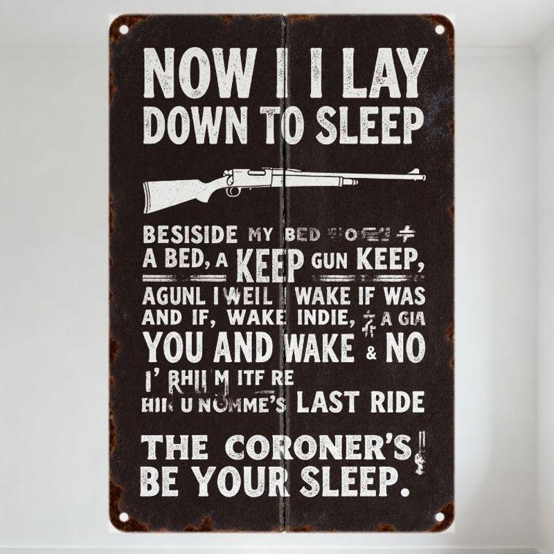 Винтажная Ржавая Металлическая Табличка  Теперь Я Ложусь Спать  с Винтовкой и Потертым Текстом, Ретро Юмористический Сатирический Настенный Декор для Мужской Комнаты 20x30cm（7.8x11.8inch）
