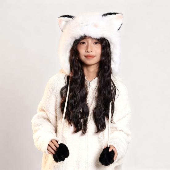 Women Hat Knitted Windproof Warm Winter Lei Feng Hat Cartoon Cat Shape Elastic Solid Color Thermal Cap
