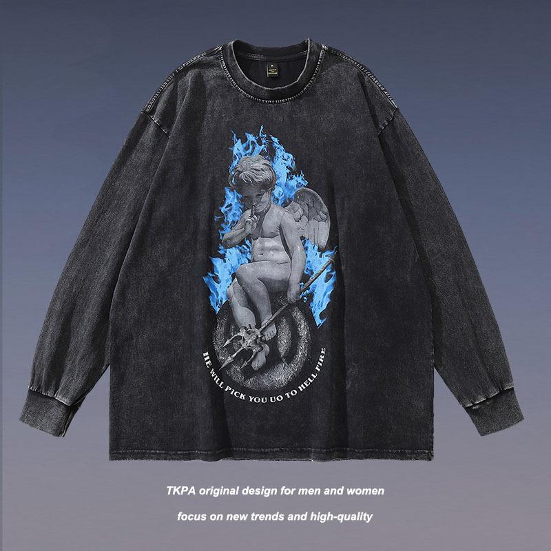European And American High Street Retro Angel Washed Long-Sleeved T-Shirt Men'S And Women'S Street Trendy Brand Old Versatile Bottoming Top