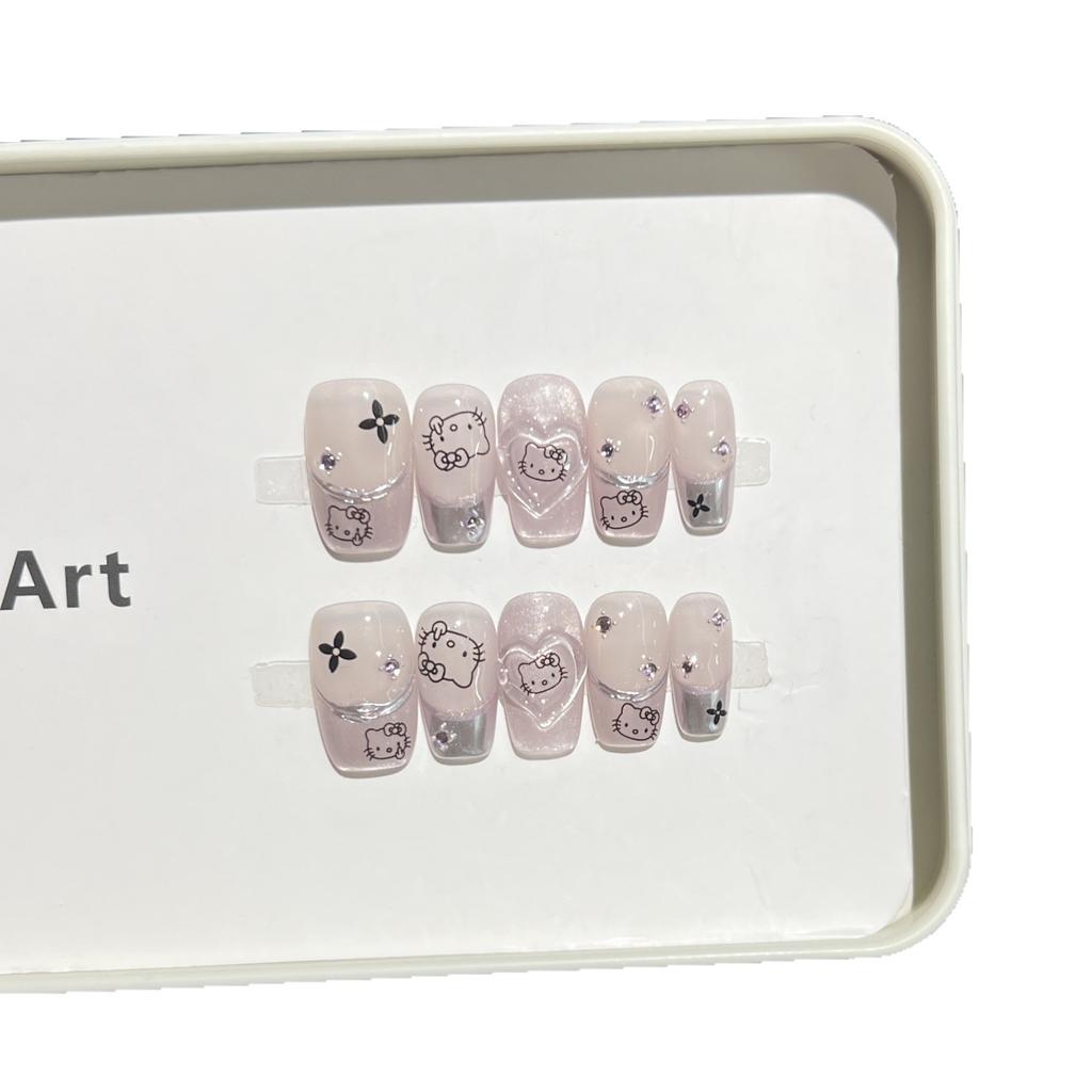 Sweet and Cute Manicure Purple Cat Eye Magic Mirror French Broken Diamond Pure Hand-wearing Nail Piece