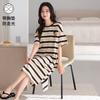 With Chest Pad~ Casual Nightdress Women's Summer Thin Cotton Short-sleeved Striped Medium and Long Dress Large Size Loungewear 55kg