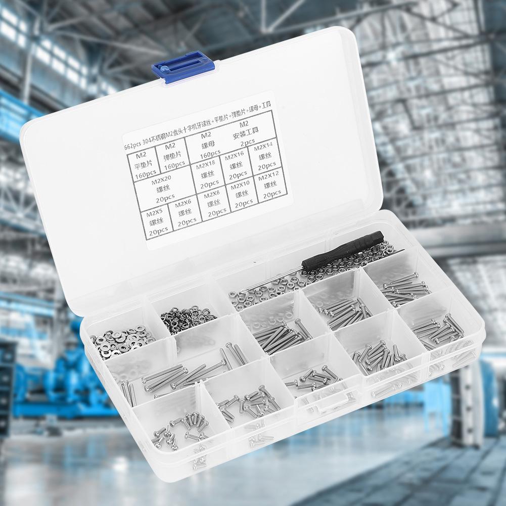 662PCS M2 Screw Set 304 Stainless Steel Pan Head Cross Machine Screw+Flat Elastic Washer+Nut