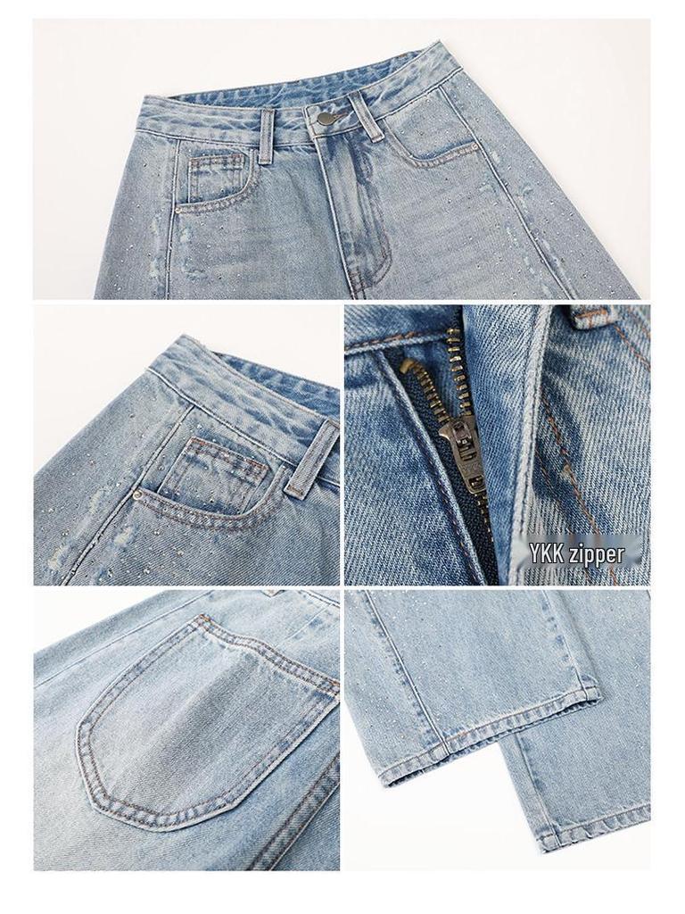 2026 Women's Rhinestone Wide-Leg Jeans: Loose, Slimming, High-End Floor-Length with Concealing Design for Spring/Autumn