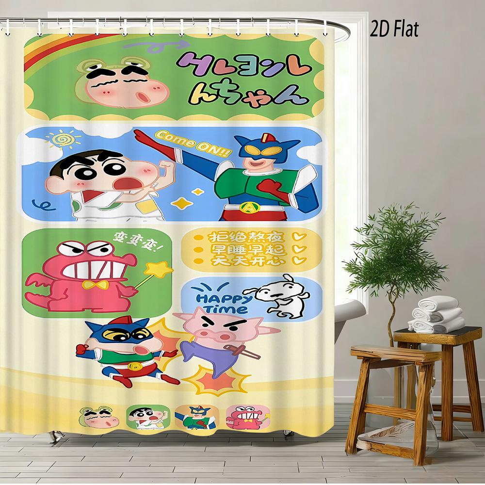 Crayon Shin-Chan & Shiro & Himawari Photo Collage Scene 2D Print Waterproof Shower Curtain, Warm Yellow Checkered With Star Acce