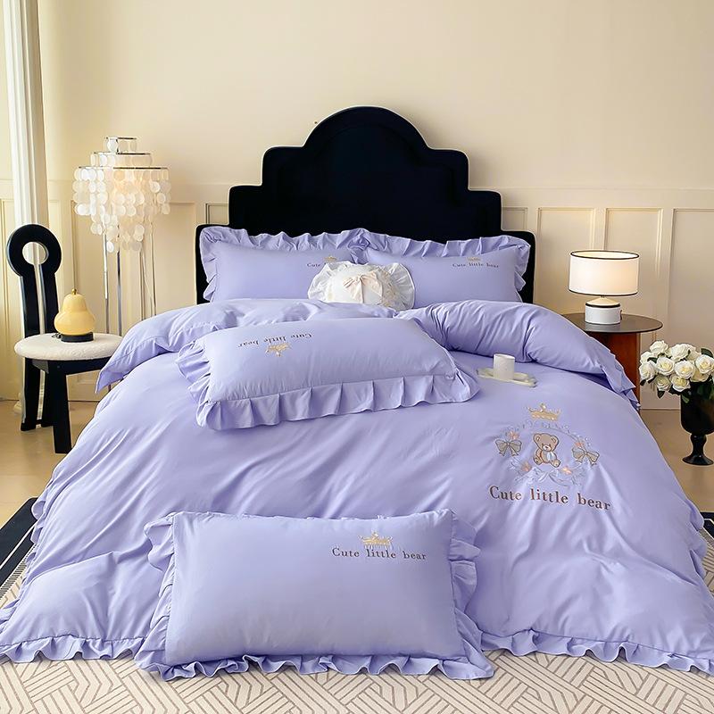 Small Fresh Washed Knitted Pure Cotton Embroidered Four-piece Bedding Set Quilt Cover Bed Sheet Bed Skirt