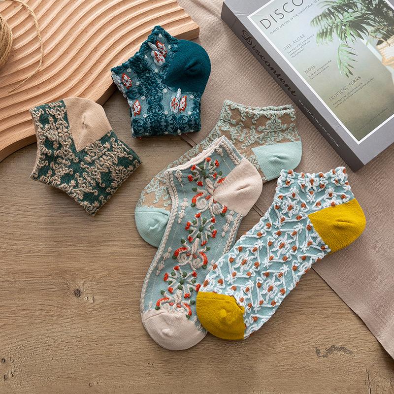 5 Pairs Set Flowers Socks Women Pack Ankle Harajuku Kawaii Cute Cotton Skarpetkie Damski Korea Style Floral Invisible No Show