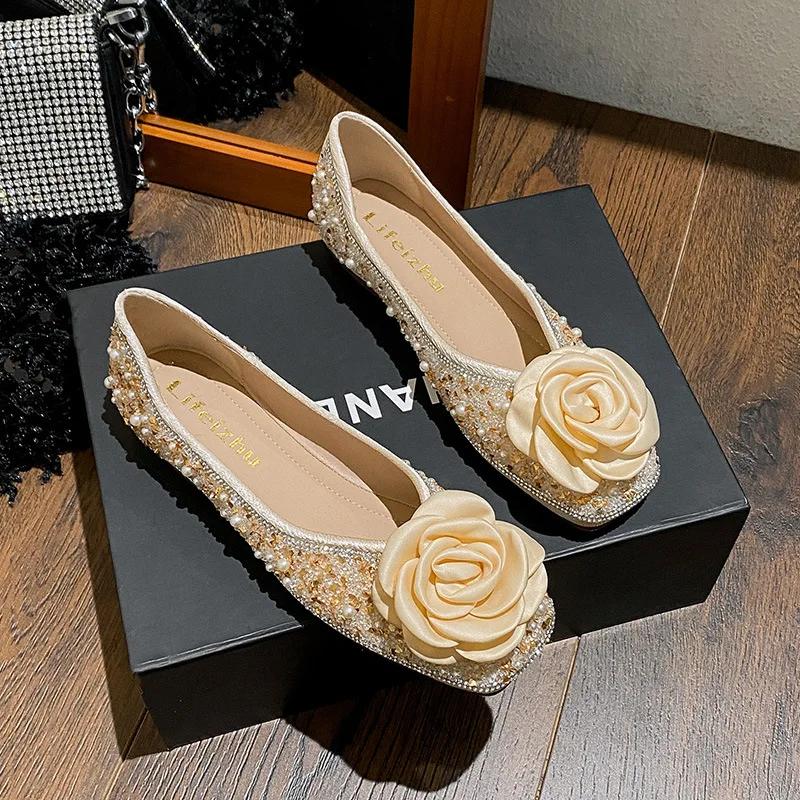 Fashion Women Flat Shoes Bling Rhinestone Flowers Casual Boat Shoes Cool Slip-on Loafers