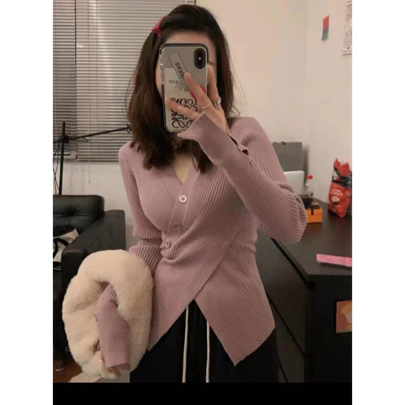 

YYFS Женская мода Повседневный Осень Зима Однотонный Принт Длинный Рукав V-образный Вырез Свитера One Size розовый