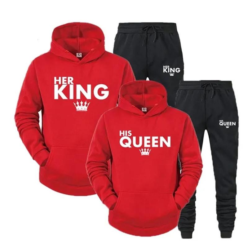 Lover Her QUEEN or His KING Printed Tracksuits Couple Hoodies Outfit Suits Casual Hooded Sweatshirt + Sweatpants Two Piece Set Sport Wear Men’s