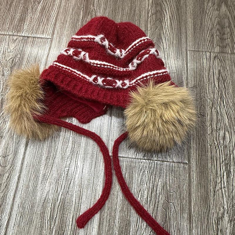 Maillard Striped Ear Bag Japanese and Korean Women's Geometric Jacquard Wool Hat Winter Windproof and Cold Ear Protection Lei Feng Hat